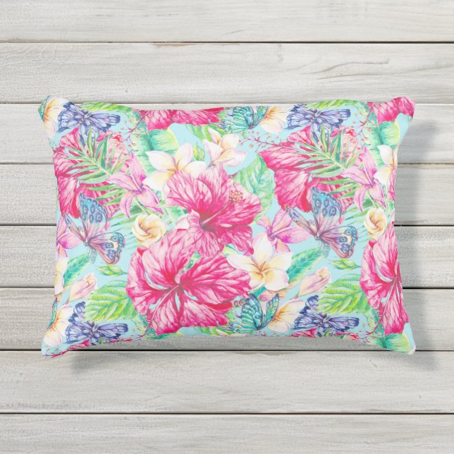 Almofada Para Ambientes Externos Plumeria Chinesa Hibiscus Foliage Borboletas (Frente)