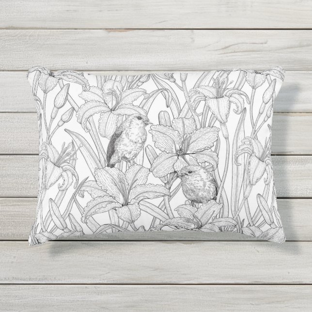 Almofada Para Ambientes Externos Robins e flores, preto e branco (Frente)