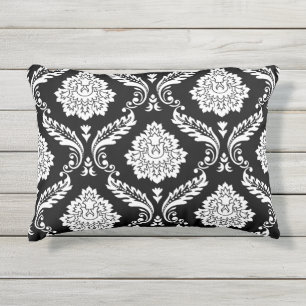 Almofada Para Ambientes Externos Rococó Damask Grande Padrão Branco no Preto