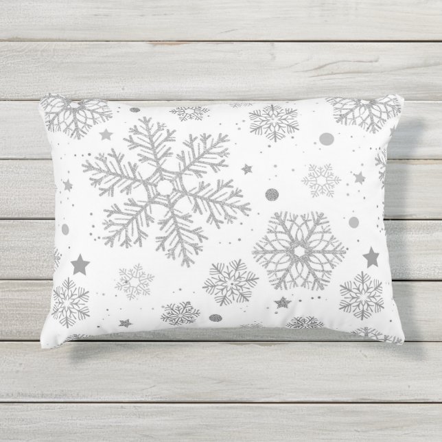 Almofada Para Ambientes Externos Silver snowflakes on white (Frente)