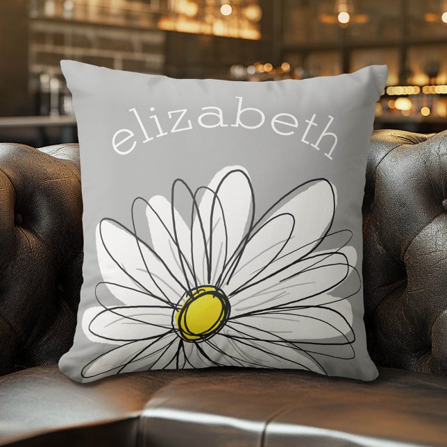Almofada Para Ambientes Externos Trendy Daisy com cinza e amarelo (Whimsical Custom Monogram Pillow)