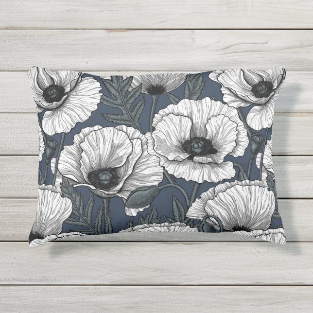 Almofada Para Ambientes Externos White poppies on navy (Frente)