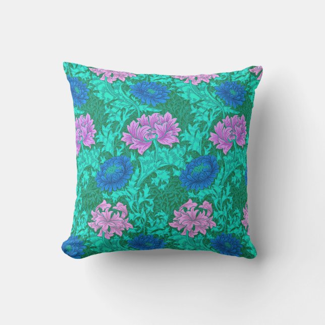 Almofada Para Ambientes Externos William Morris Chrysanthemums, Aqua e Violet (Frente)