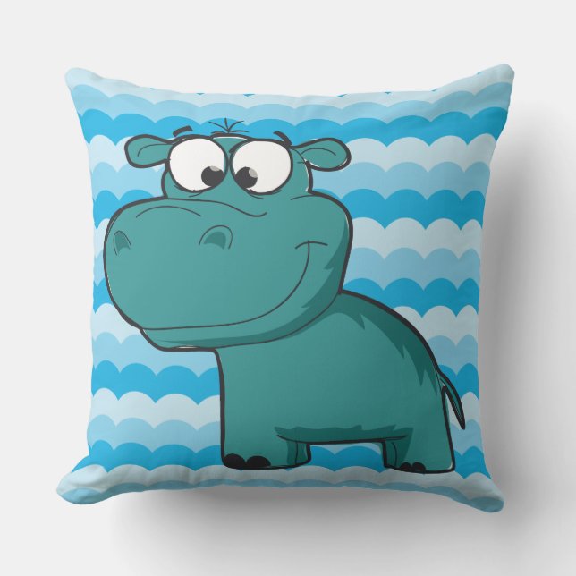 Almofada Para Ambientes Externos Zoo Animais Cartoon Azul Hippo Hippopotamus (Frente)