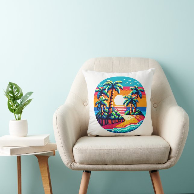 Almofada Paraíso Tropical Sunset Beach Relaxando Pixel Art (Cadeira)