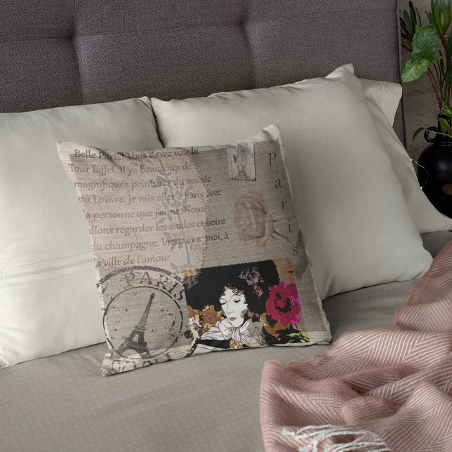 Almofada Paris Lady with Hat Pink Flower Collage (Criador carregado)
