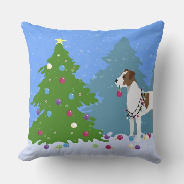 Almofada Parson Russell Terrier Decorando Árvore de Natal (Frente)
