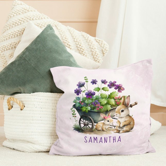 Almofada Páscoa Personalizada para Garotas Bonitas (Personalized Cute Bunnies Girl Easter Throw Pillow)