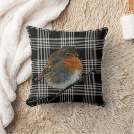 Almofada pássaro abstrato robin no tartan preto