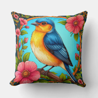 Almofada Pássaro Azul E Flores Para Amantes De Pássaros