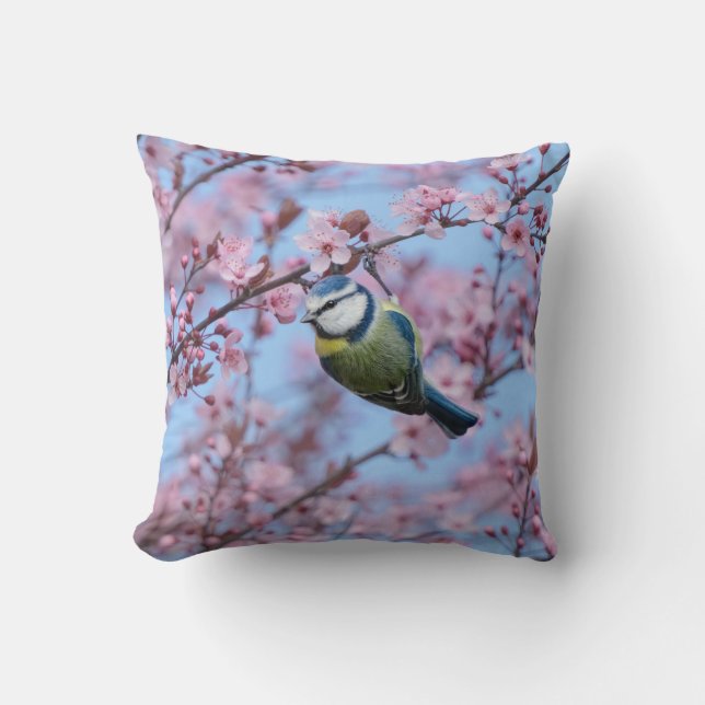 Almofada Pássaro azul-tit em flores cor-de-rosa japonesas  (Frente)