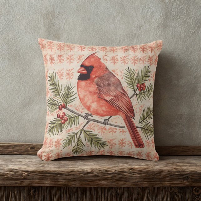 Almofada Pássaro Cardeal Vintage com Ramo Pine (Red pattern cardinal throw pillow)