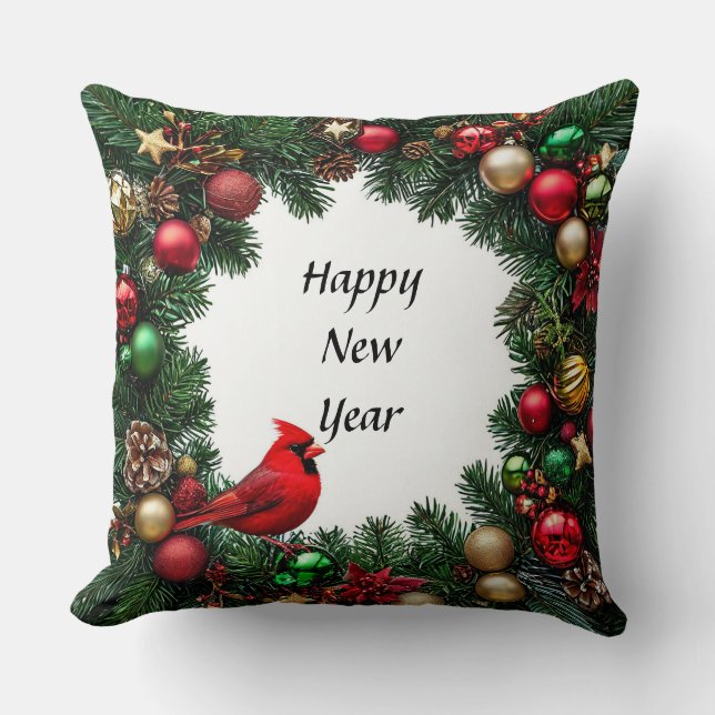 Almofada Pássaro Cardinal Vermelho em Decoração Festiva (Frente)