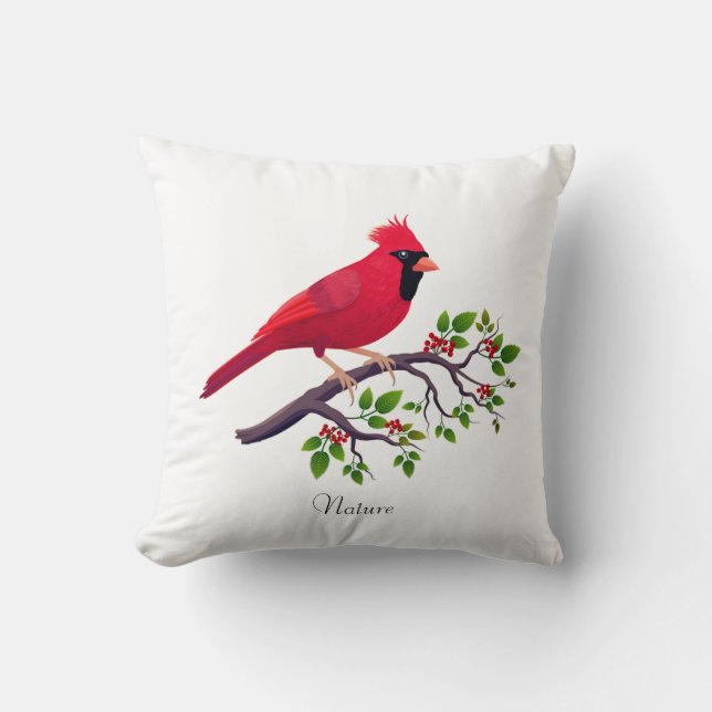 Almofada Pássaro Cardinal Vermelho no Galho da Árvore (Frente)