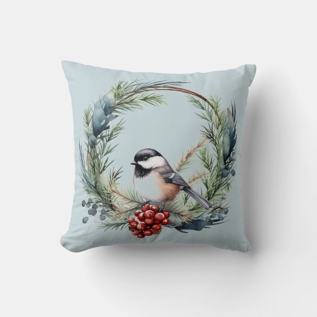 Almofada Pássaro Chickadee de Natal na Arte Wreath (Frente)