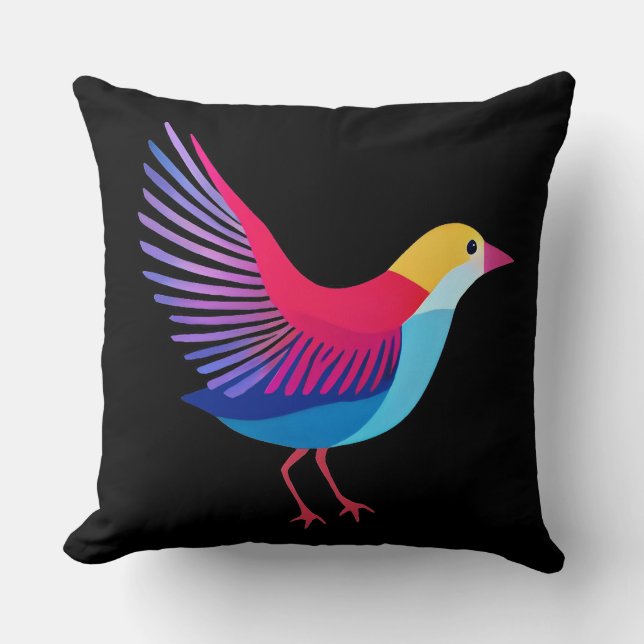Almofada Pássaro Colorido no Fundo Negro (Frente)