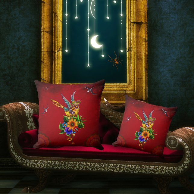 Almofada Pássaro do crânio de açúcar engraçado (sugar skull bird)