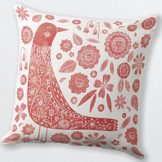 Almofada Pássaro - Escandinavo - Branco Vermelho (Red and white folk art Scandinavian bird and flower throw pillow)