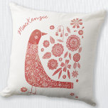 Almofada Pássaro Escandinavo Vermelho Branco Personalizado<br><div class="desc">O estilo de arte popular escandinava era vermelho e branco,  design de pássaro e flor. Arte original de Nic Squirrell. Altere ou remova o nome a ser personalizado.</div>