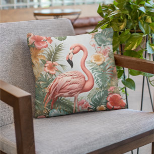 Almofada Pássaro Flamingo Rosa Elegante e Flores Tropicais