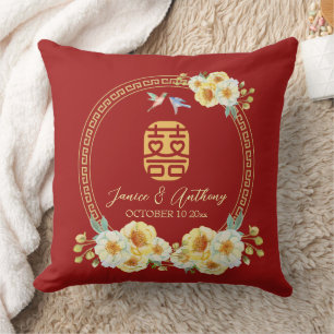 Almofada Pássaro floral vermelho do quadro de casamento chi