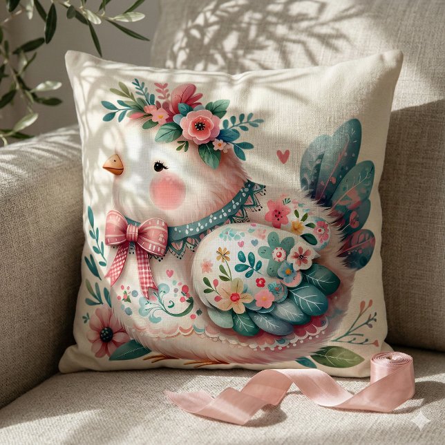 Almofada Pássaro Folclórico Floral com Charme Pastel Boho (Floral Folk Bird with Pastel Boho Charm Throw Pillow Mockup A)
