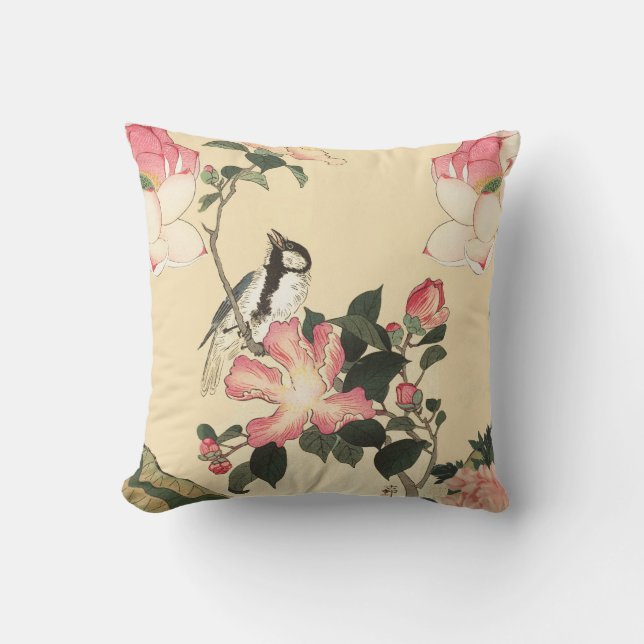 ALMOFADA PÁSSARO PEQUENO COM ROSAS PINK E FLORES DE LÓTUS (Frente)