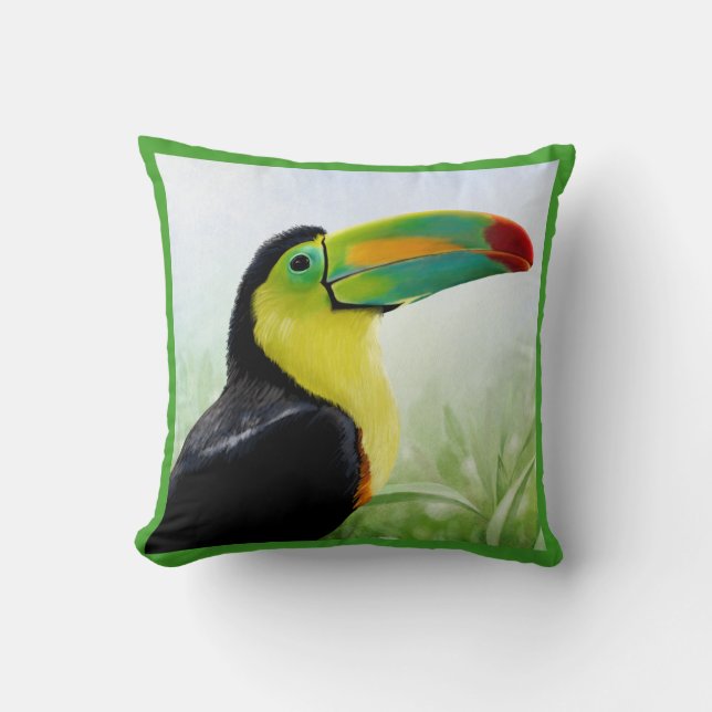 Almofada Pássaro Tropical Negro Amarelo Verde Colorido (Frente)