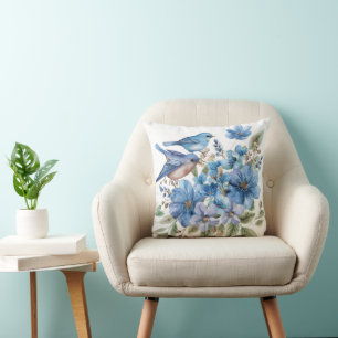 Almofada Pássaros Azuis Aquarela Florais Botânicos