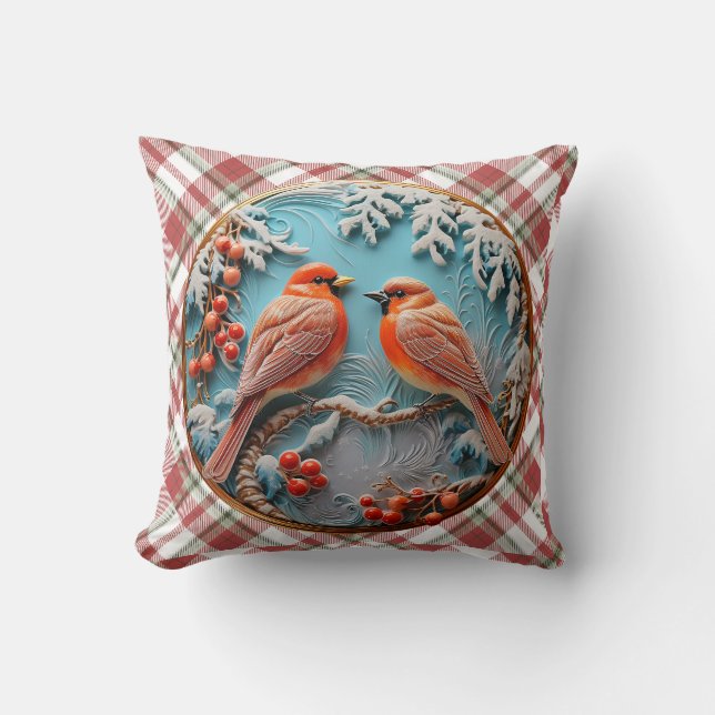 Almofada Pássaros bonito da Xadrez de Natal. (Frente)