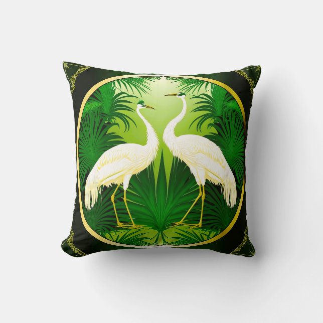 Almofada Pássaros de Amor Grou Verde Esmeralda na Moda (Frente)