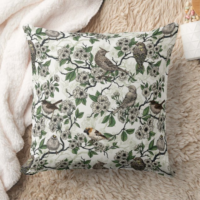 Almofada Pássaros e flor de cerejeira em branco (Cobertor)