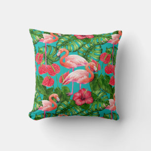 Almofada Pássaros Flamingo e aquarela de jardim tropical