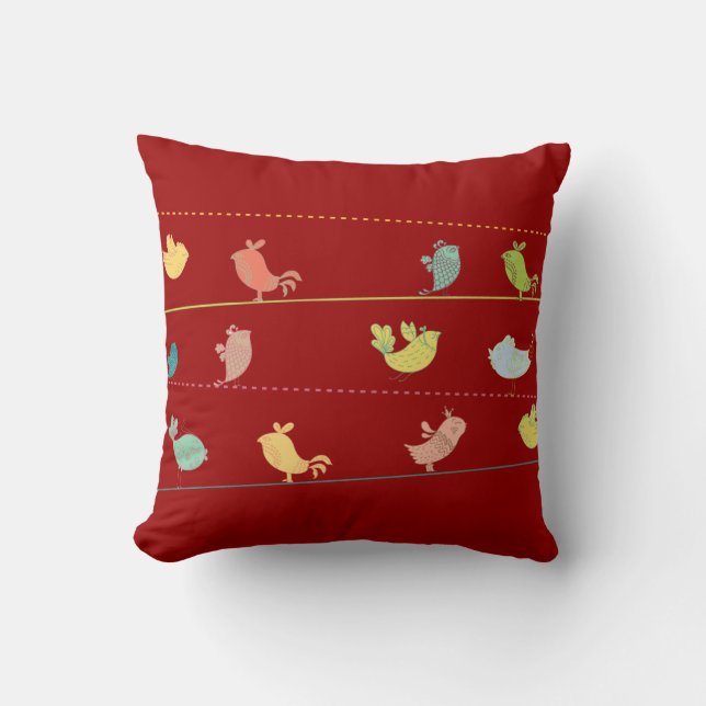 Almofada pássaros funky em um lance do fio pillow_red (Frente)