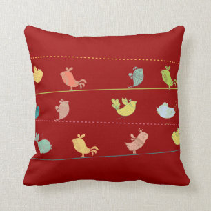 Almofada pássaros funky em um lance do fio pillow_red