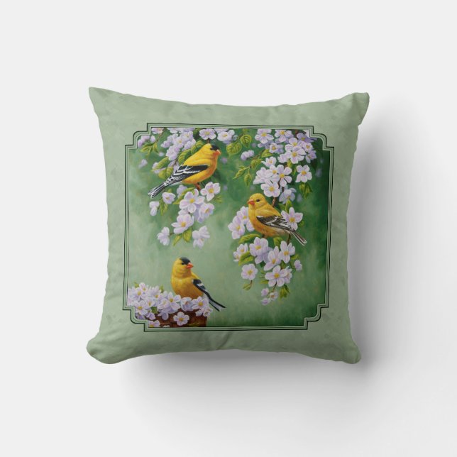Almofada Pássaros Goldfinch e Flores Verde (Frente)