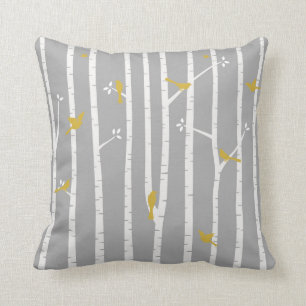 Almofada Pássaros no amarelo do branco cinzento de árvore