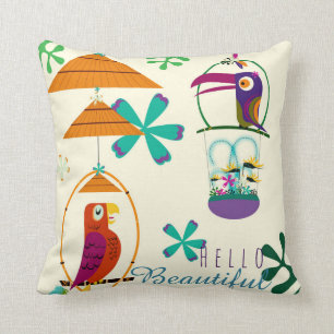 Almofada Pássaros Tiki Arte Vintage Retro Personalizada