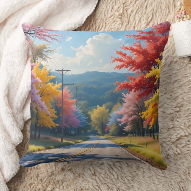 Almofada Pastel Autumn Country Road Watercolor (Cobertor)