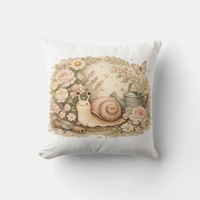 Almofada Pastel Floral Snail Aesthetic Garden Throw Pillow (Frente)