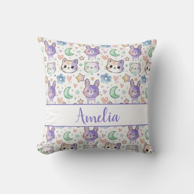 Almofada Pastel Kawaii Animal Cute Watercolor Nursery Deco (Frente)