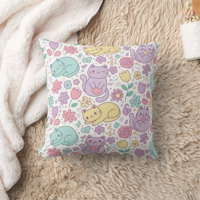 Almofada Pastel Kawaii Cats and Flowers Decorative  (Cobertor)