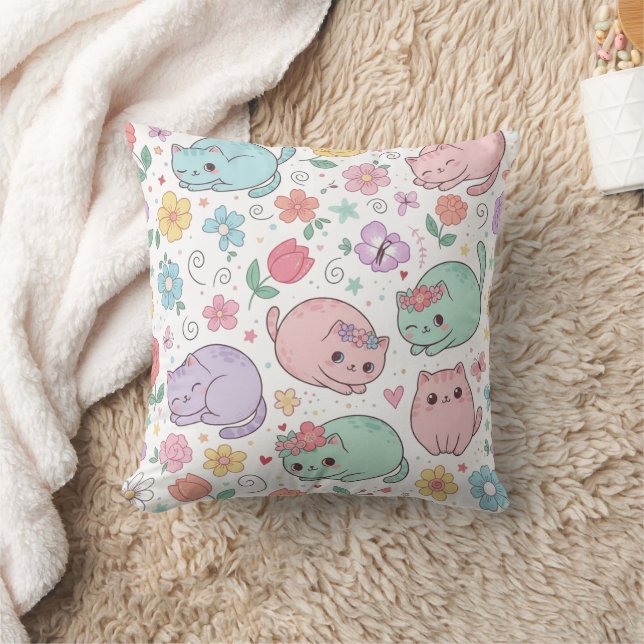Almofada Pastel Kawaii Cats and Spring Flowers Throw Pillow (Cobertor)