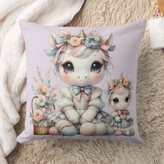Almofada Pastel Kawaii Unicórnio Mãe e Filha Dupla Lavanda (Cobertor)