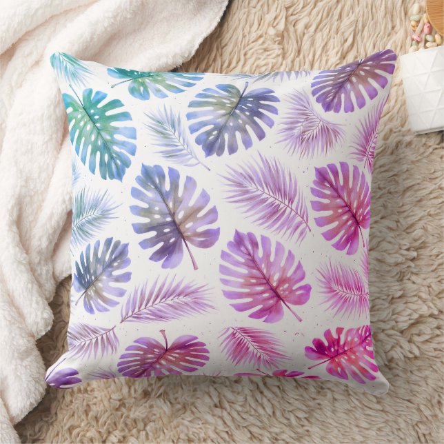 Almofada Pastel Monstera and Palm Leaves Watercolor (Cobertor)