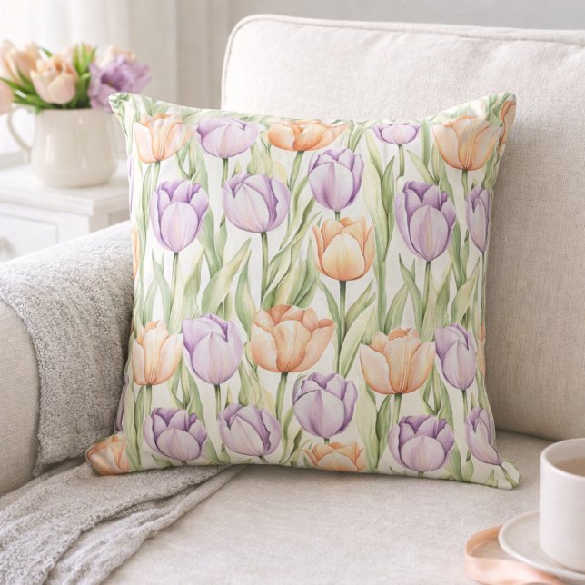Almofada Pastel Peach Purple Tulips Easter Spring Floral (Criador carregado)