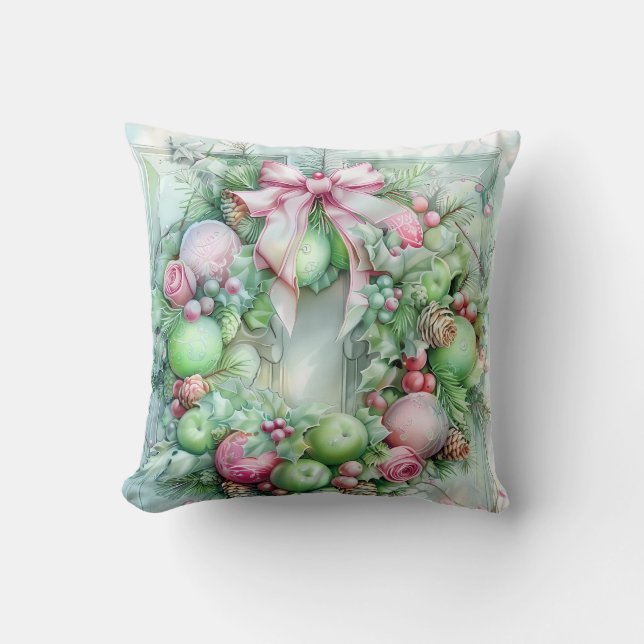 Almofada Pastel Pink and Green Christmas Throw Pillow (Frente)