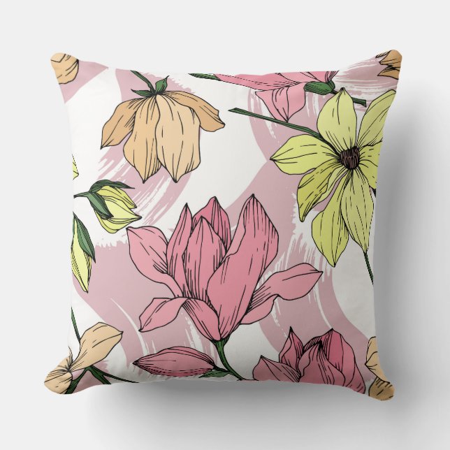 Almofada Pastel romântico Magnolia pintura rosa e amarela (Frente)