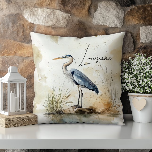 Almofada Pastel Watercolor Blue Heron Louisiana (Criador carregado)