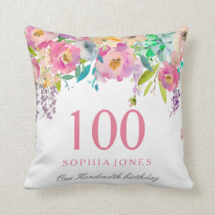 Almofada Pastel Watercolor Flowers 100th Birthday GIft